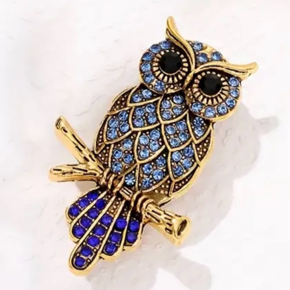 Beautiful Blue and Gold Owl Crystal Brooch, Lapel pin